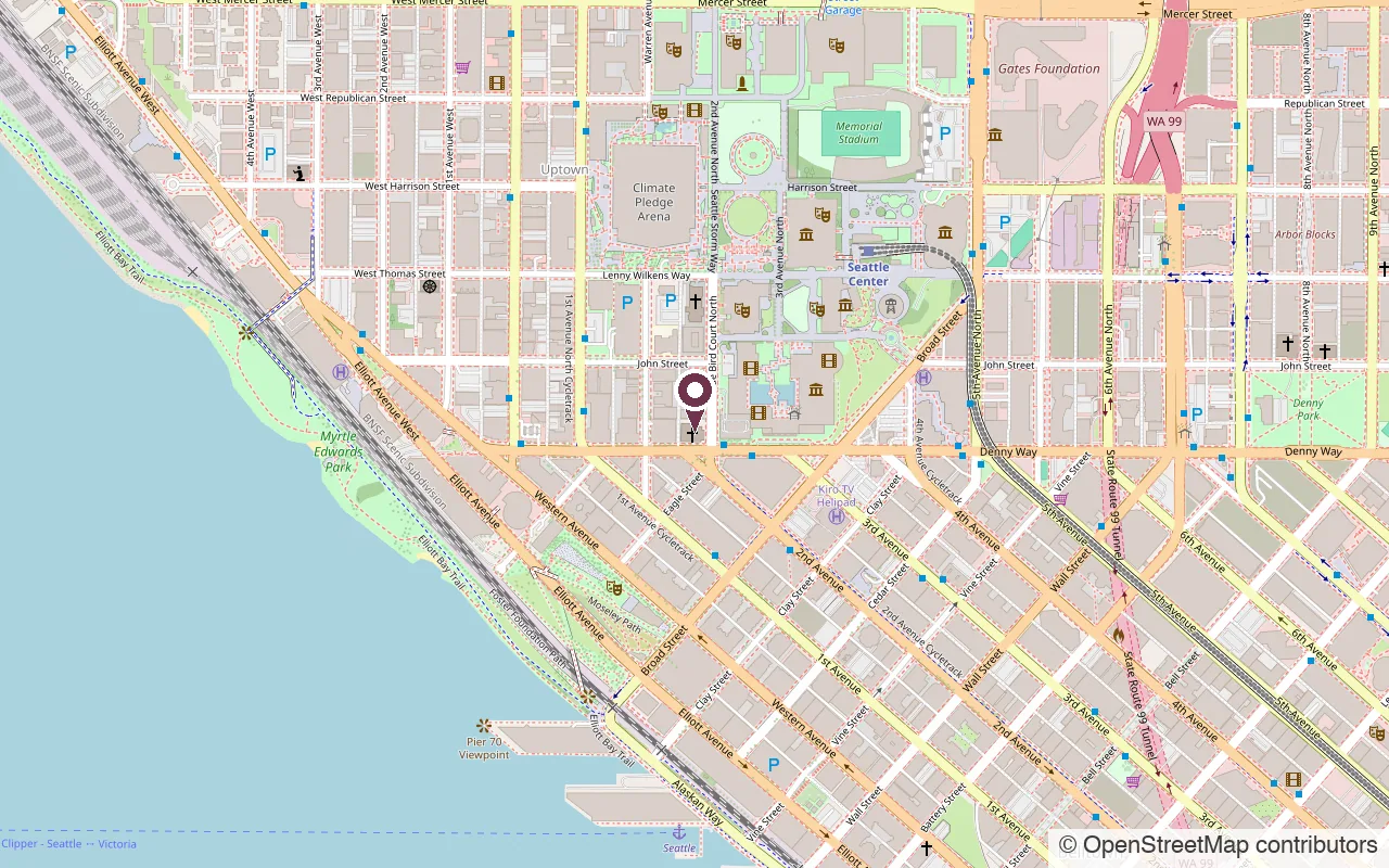 Map showing First Church at 180 Denny Way, Seattle
