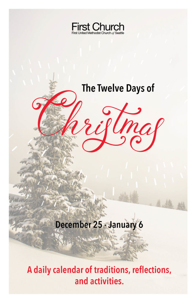 First Church booklet cover for 'The Twelve Days of Christmas' December 25 - January 6, featuring snowy evergreen trees and text 'A daily calendar of traditions, reflections, and activities.'