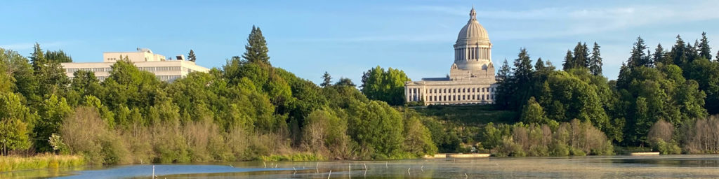 Washington State Capitol building with golden dome visible across a river, surrounded by evergreen trees and landscaping.