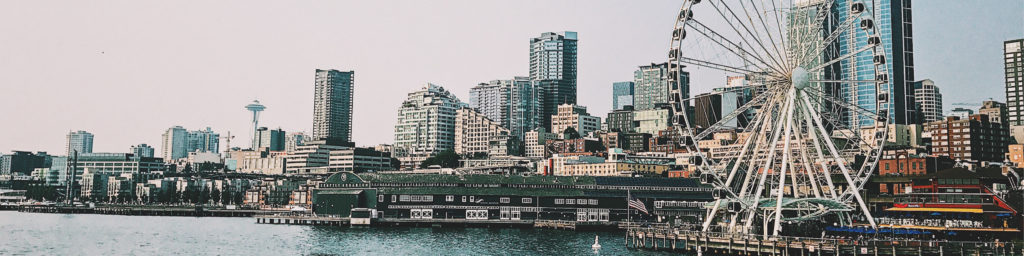 Seattle skyline featuring Space Needle, high-rise buildings, waterfront, and Great Wheel Ferris wheel.
