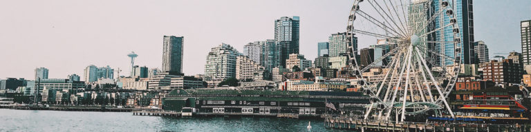 Seattle skyline featuring Space Needle, high-rise buildings, waterfront, and Great Wheel Ferris wheel.