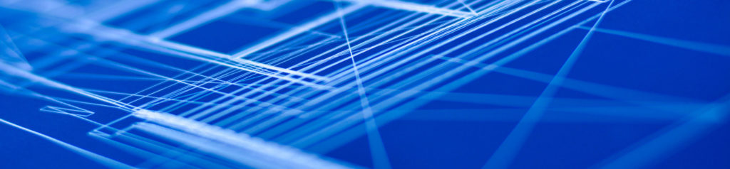 Abstract blue background with white flowing lines and striped patterns.
