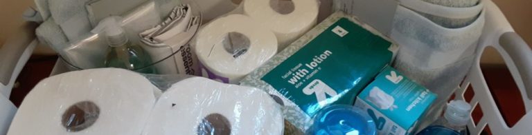 Close-up of bathroom essentials and hygiene products including rolled toilet paper, hand lotion, and other supplies in white and clear storage containers.