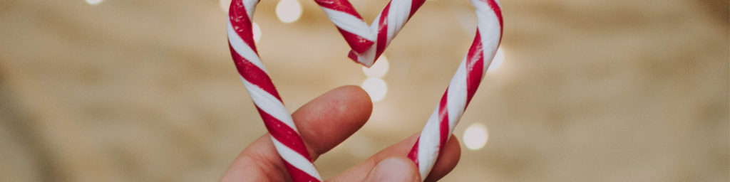 Close-up of red and white striped candy canes held in someone's hand with a soft blurred background.