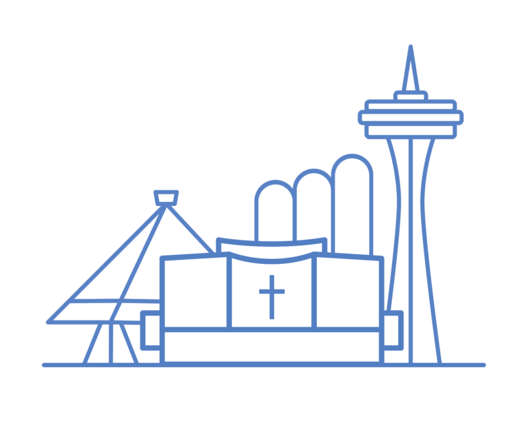 Blue line-drawn church building logo with steeple, cross, and Seattle Space Needle architectural style
