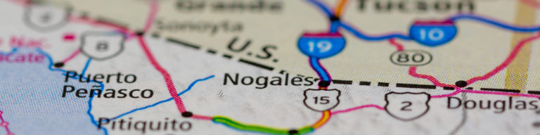 Map of Nogales, Arizona showing the U.S.-Mexico border region with routes 19, 15, and 80 marked; illustrates the location for a church mission trip to Nogales.