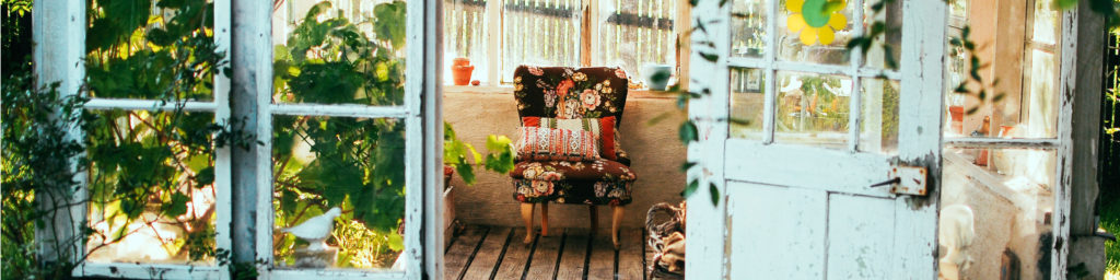 Person sitting in a chair by a bright window with plants and natural light, representing reflection and contemplation.