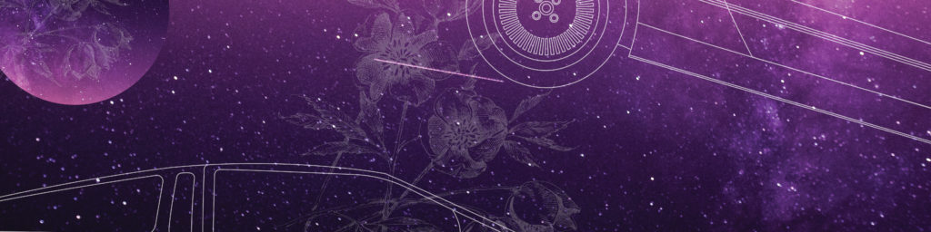Abstract Lenten website banner with purple background, botanical line art, celestial elements, and geometric patterns.