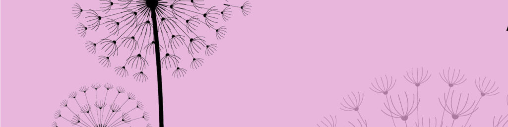 Pink web banner graphic with hand-drawn style dandelion illustrations in varying sizes and shades scattered across a soft pink background.