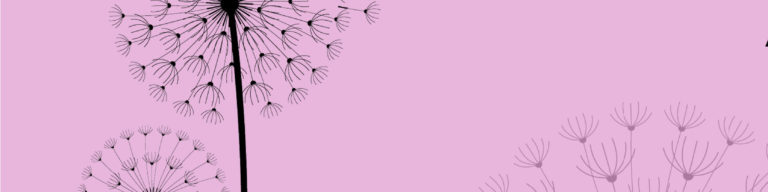 Pink web banner graphic with hand-drawn style dandelion illustrations in varying sizes and shades scattered across a soft pink background.