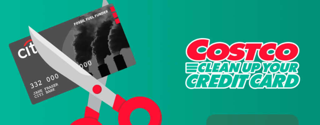 COSTCO CLEAN UP YOUR CREDIT CARD promotional graphic with scissors cutting a credit card on turquoise background