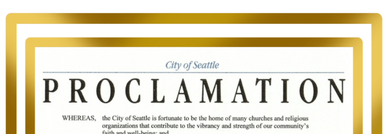 City of Seattle Proclamation document header with ornate gold border frame, displaying "PROCLAMATION" title and formal proclamation text beginning with "WHEREAS"