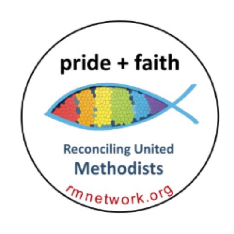 Circular logo with colorful fish symbol containing pride flag colors and text pride + faith, Reconciling United Methodists, imnetwork.org