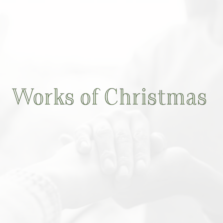 Works of Christmas - promotional graphic with faded nativity scene background and outlined serif text