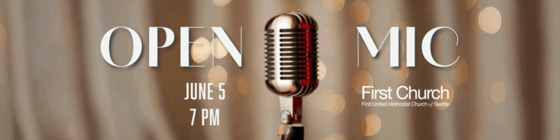 Open Mic event banner featuring a vintage microphone illustration with text 'OPEN MIC' at top, 'JUNE 5 7 PM' for date and time, and 'First Church' branding. Blurred warm-toned background suggesting an event venue.