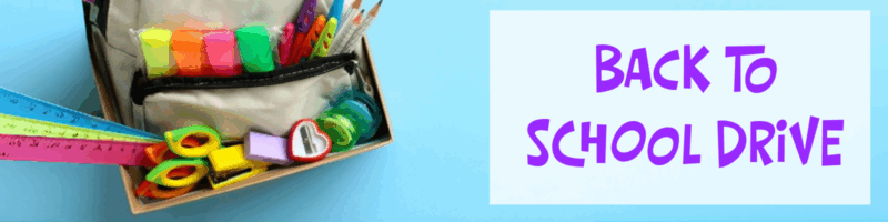 Back to School Drive banner with school supplies including markers, scissors, pencils and notebook on blue background with purple text "BACK TO SCHOOL DRIVE"