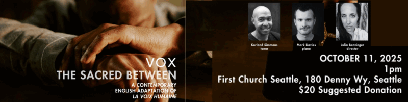 The Sacred Between Us event banner with VOX branding, featuring three speaker headshots, event text reading "October 11, 2025, First Church Seattle, 1 80 Bremerton Ave, $20 Suggested Donation", and a close-up image of hands in background.