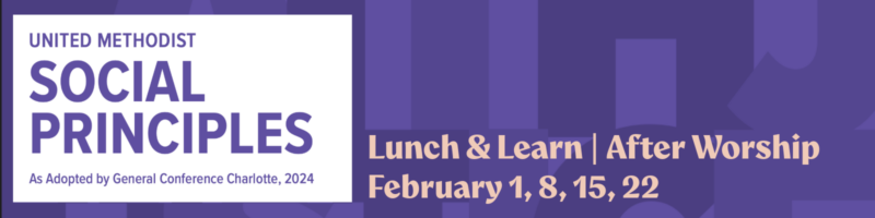 United Methodist Social Principles banner advertising Lunch & Learn After Worship events on February 1, 8, 15, and 22 against a purple gradient background.
