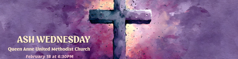 Ash Wednesday church service banner with purple religious imagery, cross symbol, and event details on purple gradient background