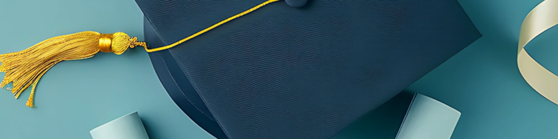 A navy graduation cap with gold tassel beside rolled diplomas, celebrating this year's graduates