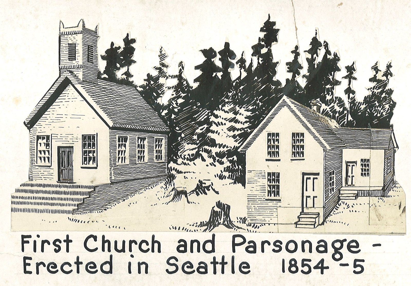 Drawing of the first First Church building and parsonage on Second Avenue, 1850s