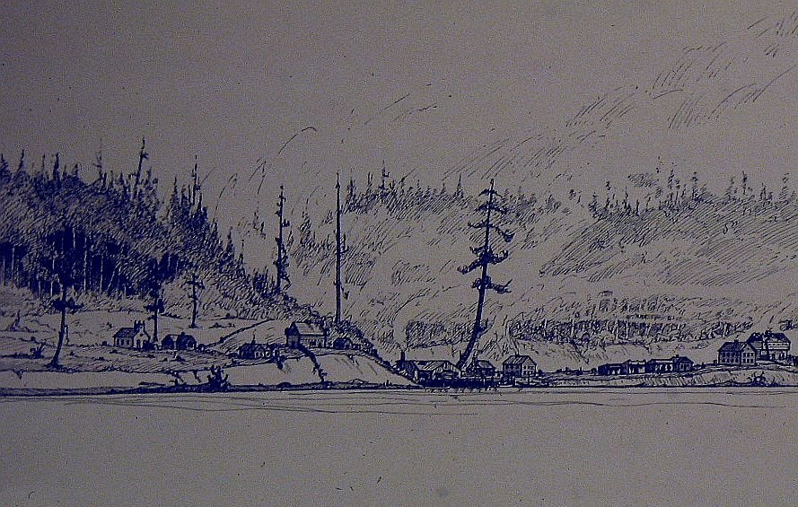 The Little White Church without its steeple in the earliest days of Seattle