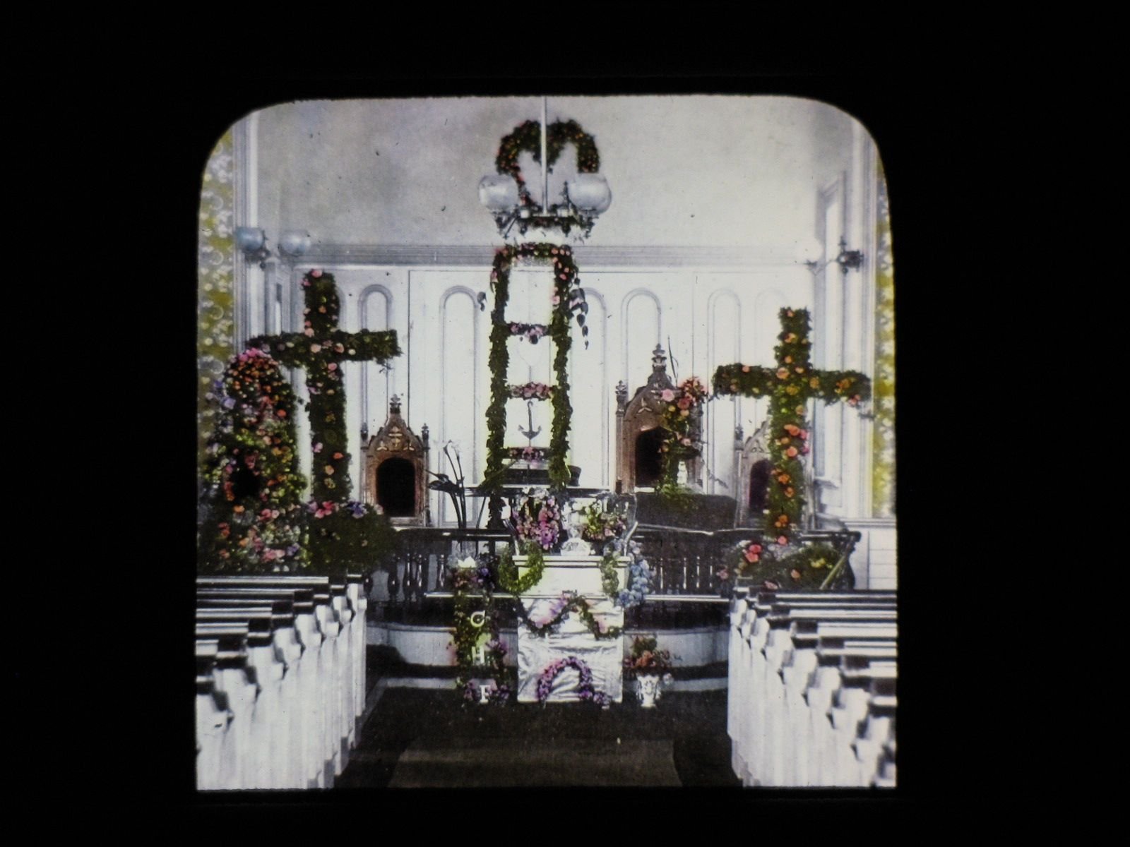 Interior of the Little White Church after remodeling, 1880s