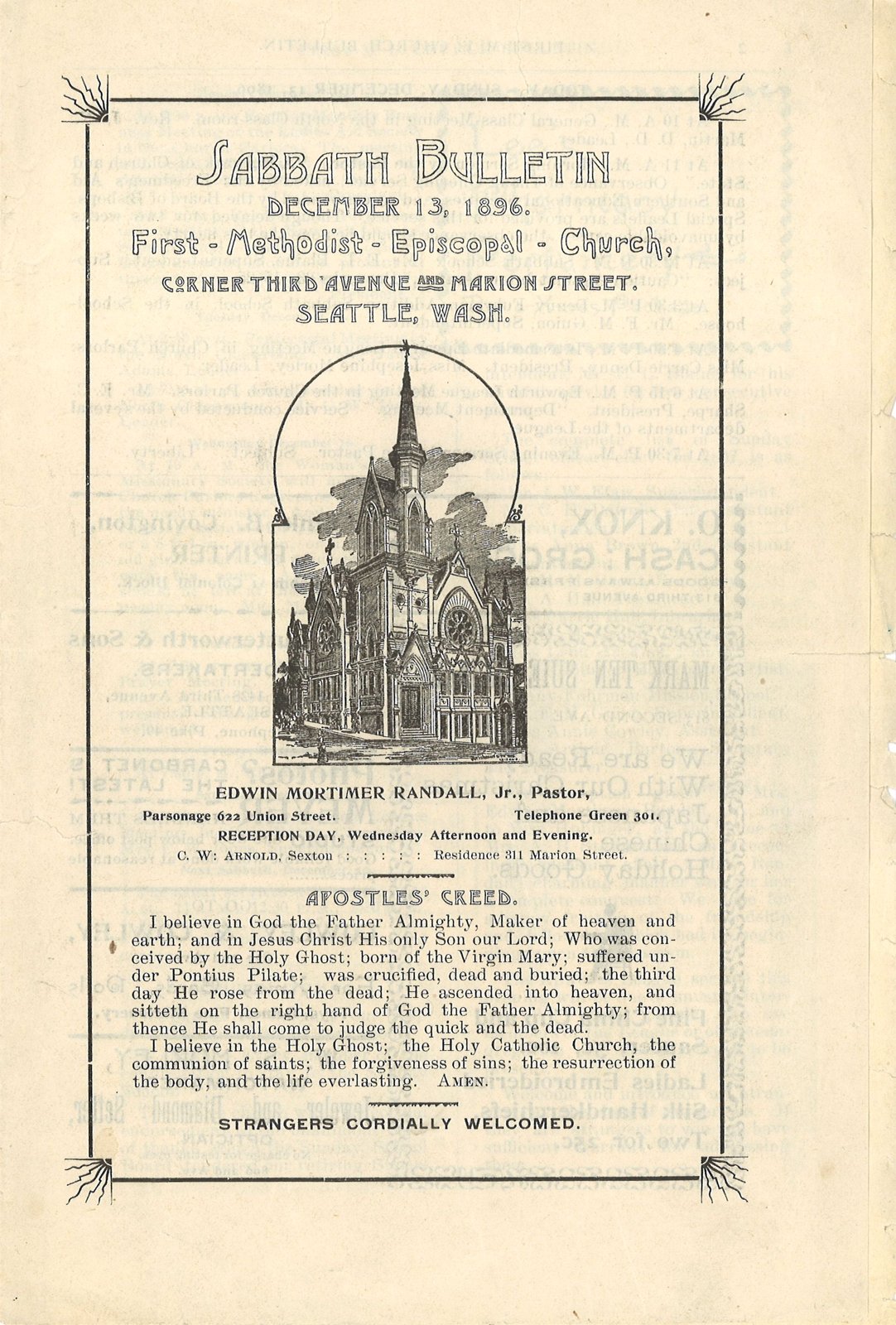 First Church worship bulletin from 1896