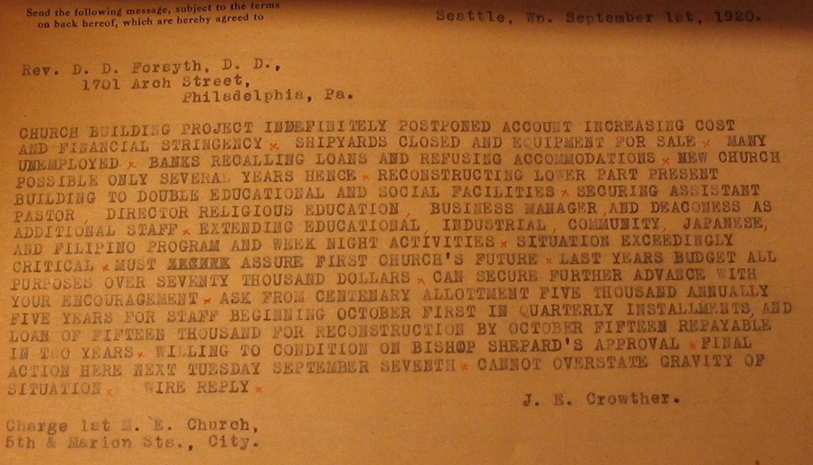 Telegram from 1920 describing the church's financial struggles after the Seattle General Strike