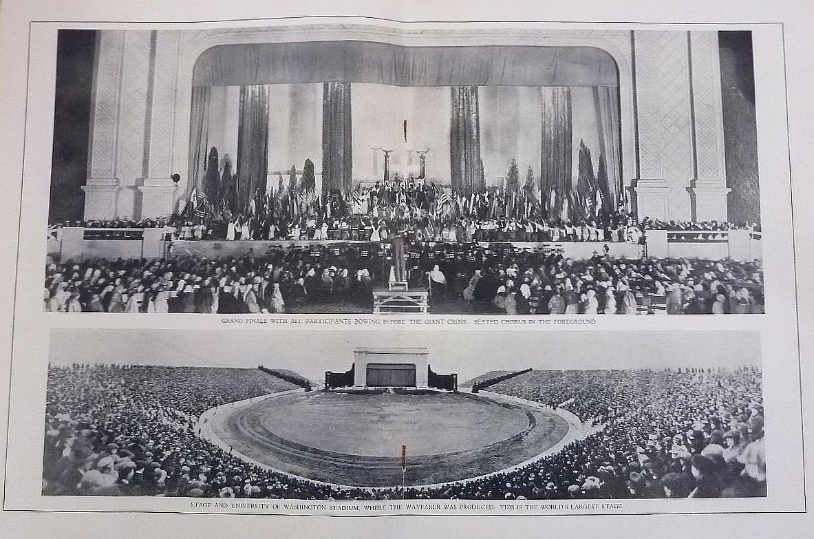 Cast of The Wayfarer pageant performing at the University of Washington stadium in 1925