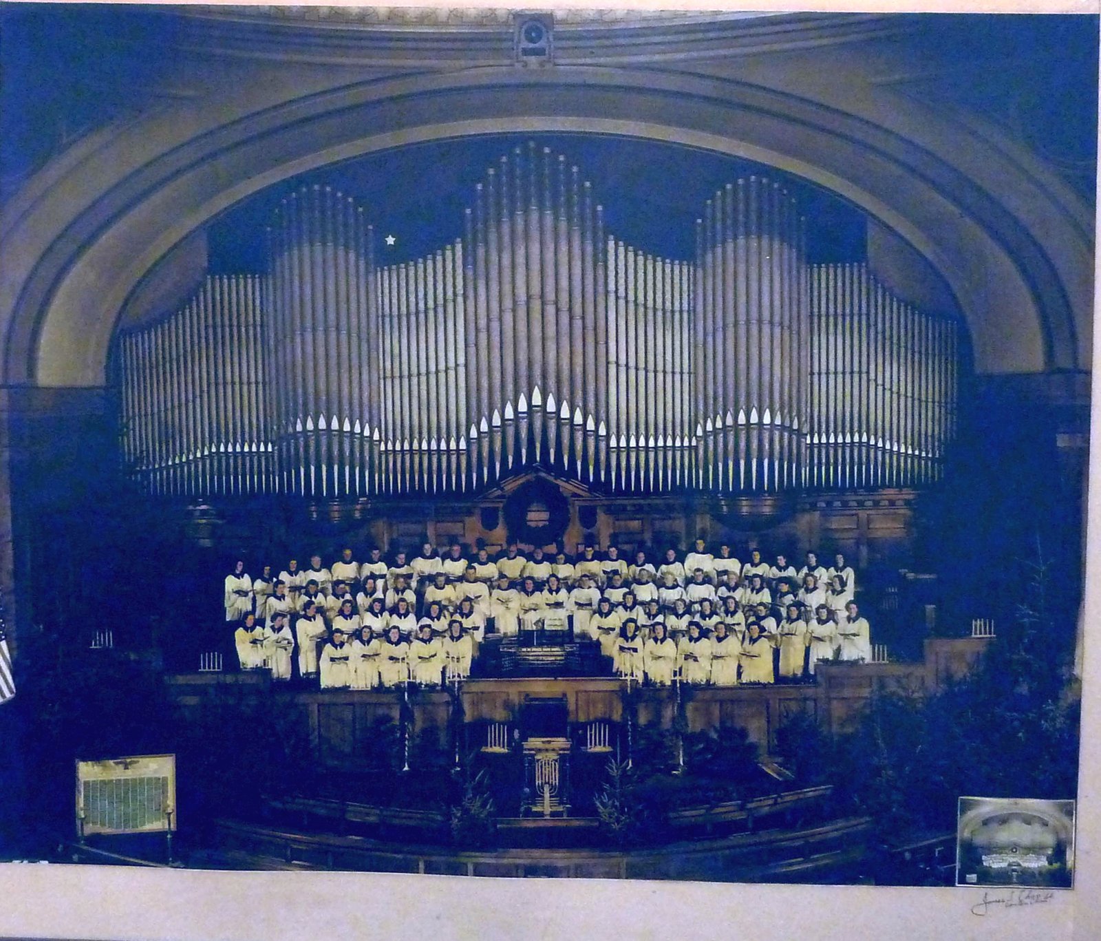 The First Church choir posed in robes in 1944