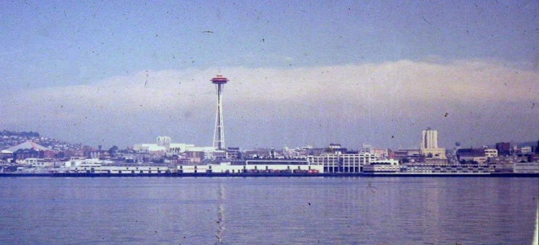 Seattle waterfront skyline with the new Space Needle during the 1962 World's Fair