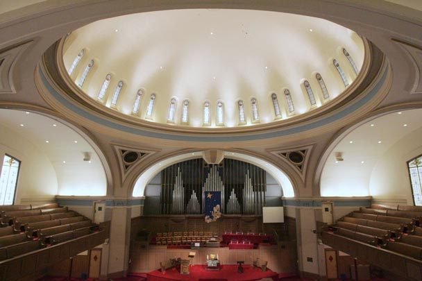 The Austin pipe organ beneath the dome of the Fifth and Marion sanctuary