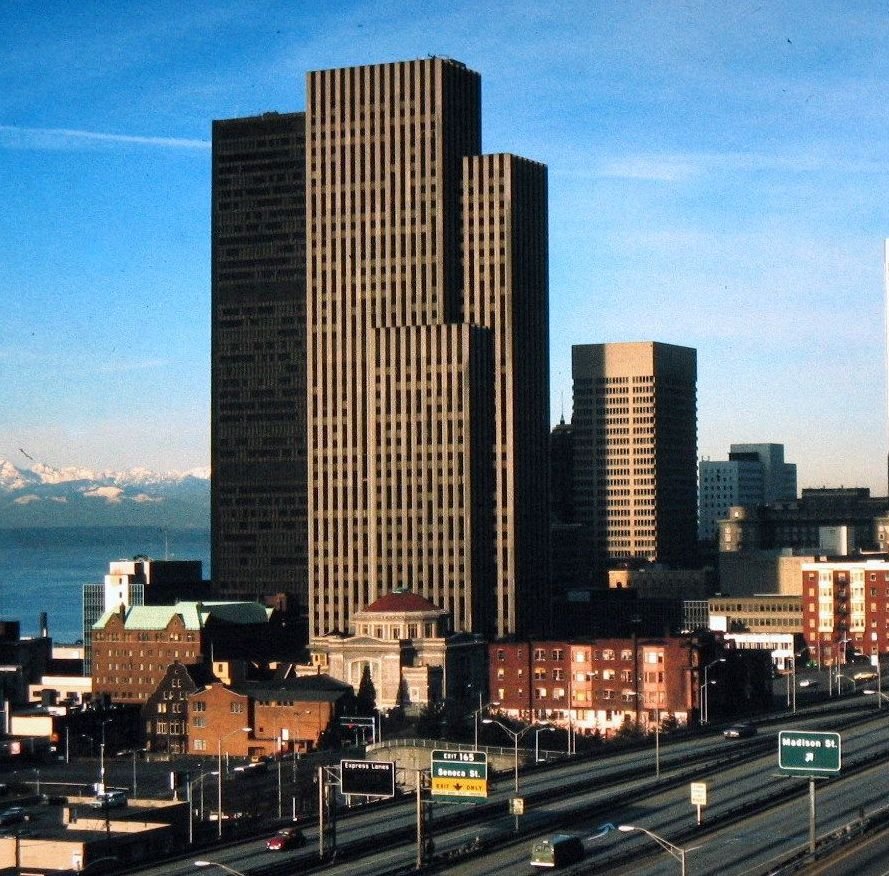 Aerial view of the Fifth and Marion church beside the I-5 freeway corridor