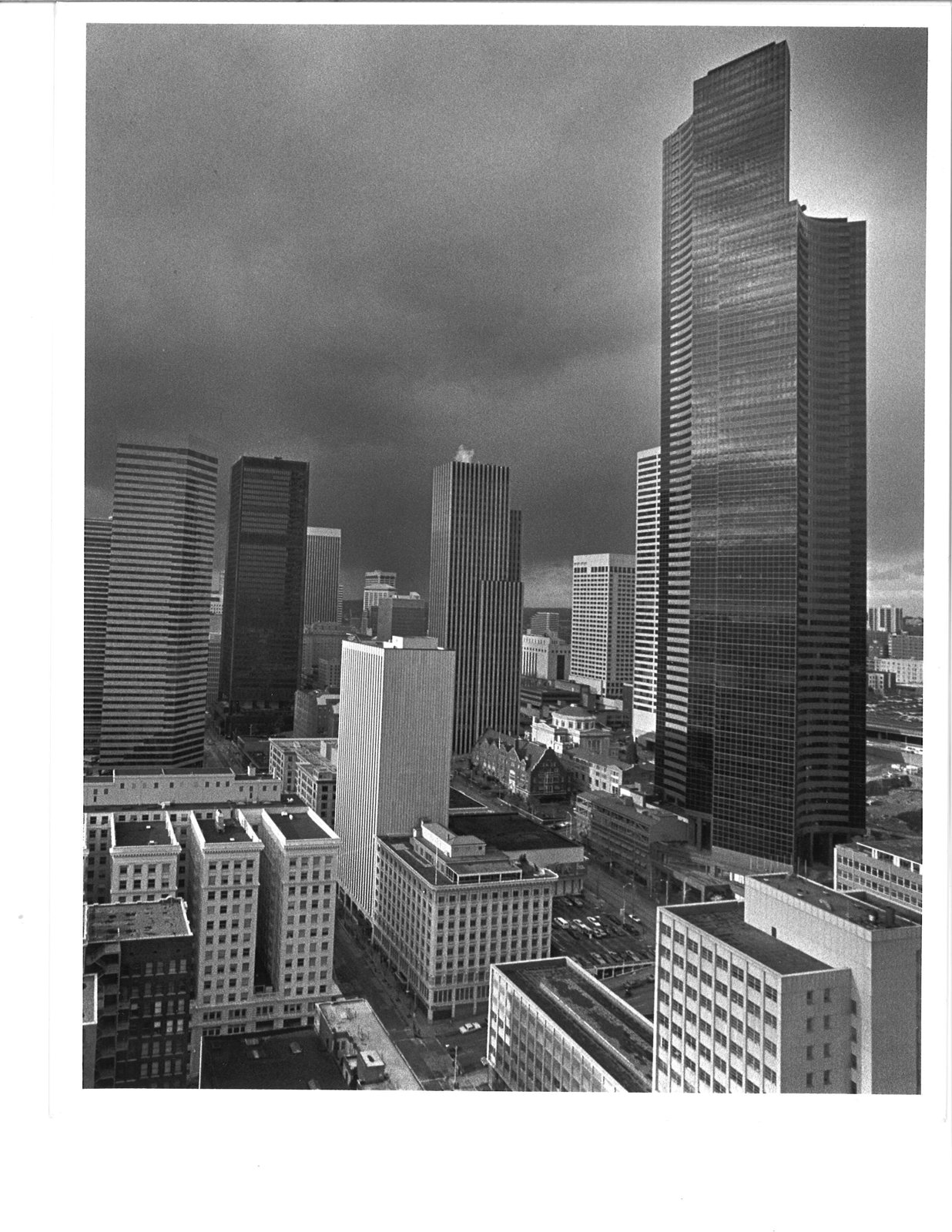 The domed Fifth and Marion church surrounded by skyscrapers in 1981