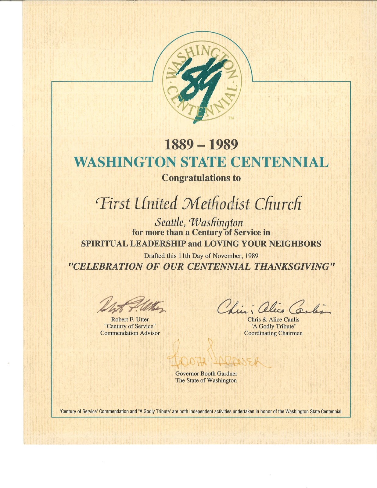 Washington State Centennial award presented to First Church by Governor Booth Gardner