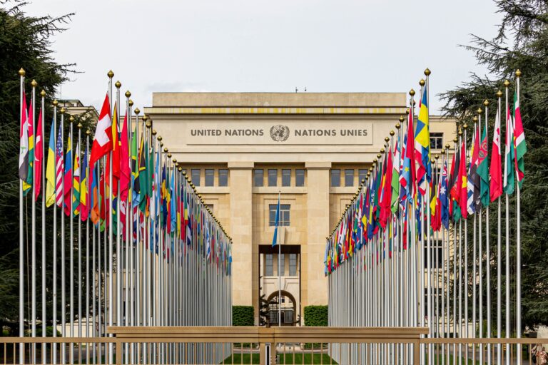 Flags of member nations line the walkway to the Palais des Nations, the United Nations Office in Geneva.
